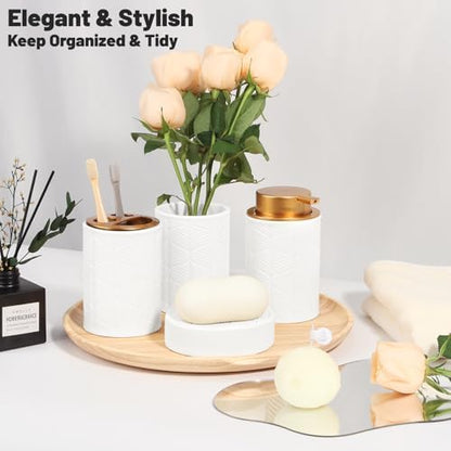 Kukikan Ceramic Bathroom Accessories Set, 4 Pcs-Includes Lotion Soap Dispenser, Toothbrush Holder, Vanity Tray, and Tumbler, Modern Bathroom Decor Organizer with Soap Dish, Apothecary Jar, White Color