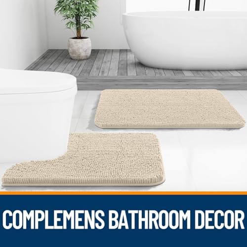 OLANLY Chenille Bathroom Rugs Mats Sets 2 Piece, 47"x20"+24"x20", Sand