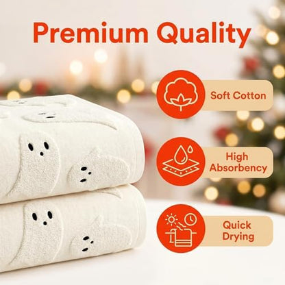 2 Pack Halloween Hand Towels 100% Cotton Jacquard Ghost Halloween Kitchen Towels White Bathroom Towels Set Seasonal Bathroom Decor (Beige Ghost, Halloween)