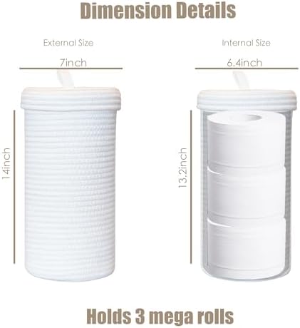 Toilet Paper Holder Handmade – Woven Cotton Toilet Paper Stand & Storage Basket with Lid, Freestanding Organizer for Bathroom, Fits 3 Mega Rolls Gradient Brown 14'' x 7''
