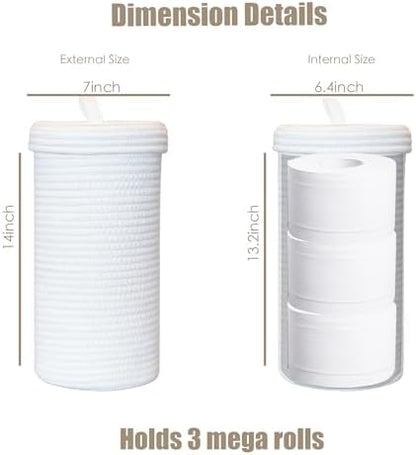 Toilet Paper Holder Handmade – Woven Cotton Toilet Paper Stand & Storage Basket with Lid, Freestanding Organizer for Bathroom, Fits 3 Mega Rolls Gradient Brown 14'' x 7''