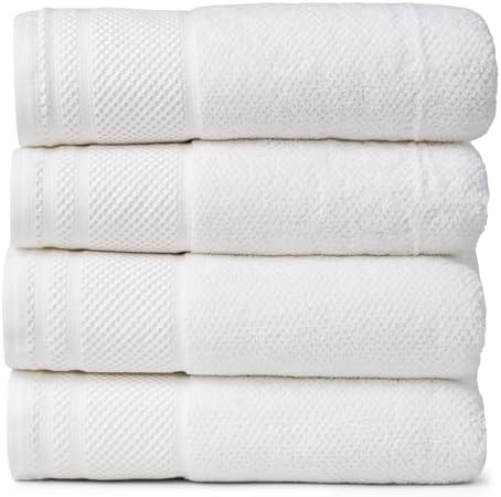 Texere 100% Organic Cotton Rice Weave Jacquard 700 GSM Luxury Bath Towel Sets - Ultra Soft and Absorbent Hotel and Spa Quality (Rice Weave, Bright White, 4 Bath Towels)