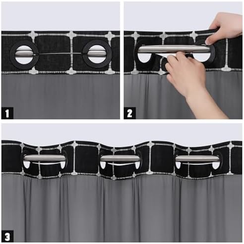 No Hooks Required Farmhouse Shower Curtain with Snap-in Liner - with Window & Magnets, Boho Cotton Linen Fabric Shower Curtains with Tassels for Rustic Bathroom Decor, Black and White, 72 x 74