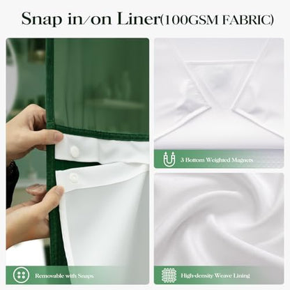Dynamene Dark Green Hook Free Waffle Shower Curtain & Snap-in Liner,72x81