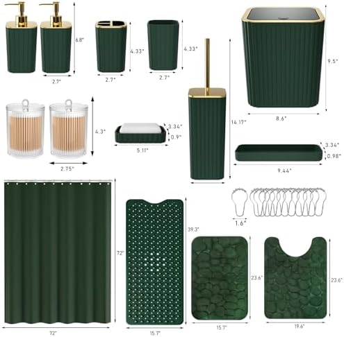 XLHOMO 26PC Bathroom Accessories Set - Gorgeous Green Bathroom Set, Bathroom Accessory Set, Shower Curtain Set with Bathtub Mats for Shower Tub, Trash Can & Soap Dispenser