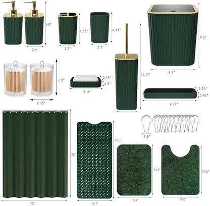 XLHOMO 26PC Bathroom Accessories Set - Gorgeous Green Bathroom Set, Bathroom Accessory Set, Shower Curtain Set with Bathtub Mats for Shower Tub, Trash Can & Soap Dispenser