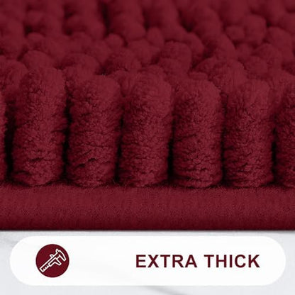 Grandaily Chenille Striped Bathroom Rugs 47x20, Extra Thick and Absorbent Bath Mats, Non-Slip Soft Plush Shaggy Shower Carpet, Machine Wash Dry, Bath Rug for Bathroom, Burgundy