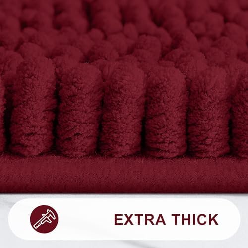 Grandaily Chenille Striped Bathroom Rugs 47x32, Extra Thick and Absorbent Bath Mats, Non-Slip Soft Plush Shaggy Shower Carpet, Machine Wash Dry, Bath Rug for Bathroom, Burgundy
