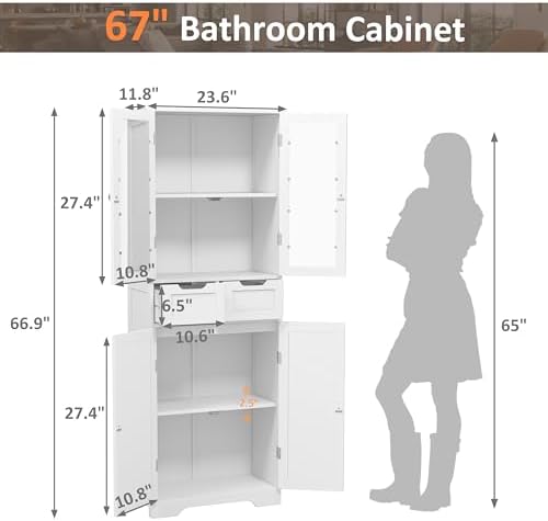 Betterhood 67" Tall Bathroom Storage Cabinet, Freestanding Bathroom Cabinet with Glass Doors and Shelves, Large Bathroom Cabinet with 2 Drawers for Living Room, Dining Room, Office, White