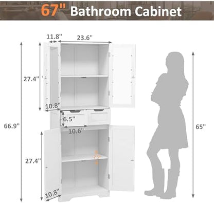 Betterhood 67" Tall Bathroom Storage Cabinet, Freestanding Bathroom Cabinet with Glass Doors and Shelves, Large Bathroom Cabinet with 2 Drawers for Living Room, Dining Room, Office, White