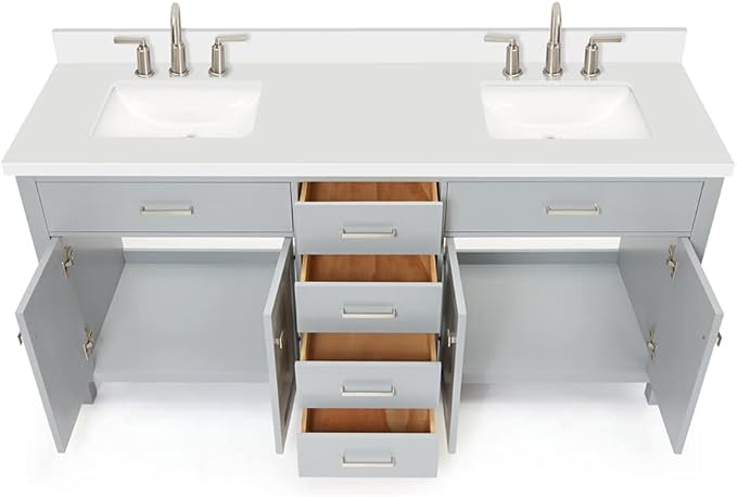 DKB Alenza 72 Inch Bathroom Vanity Double Sink — Grey Bathroom Vanity with Sink, 1.5" Edge Pure White Quartz Countertop & Backsplash, 4 Soft-Close Doors, 4 Dovetail Drawers