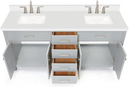 DKB Alenza 72 Inch Bathroom Vanity Double Sink — Grey Bathroom Vanity with Sink, 1.5" Edge Pure White Quartz Countertop & Backsplash, 4 Soft-Close Doors, 4 Dovetail Drawers