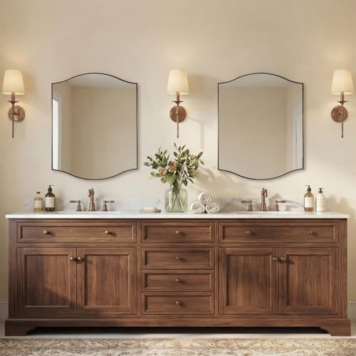 ANDY STAR 24"x30" Scalloped Mirror for Bathroom，Brushed Bronze Rectangle Wall Mirror with Curved Edge Stainless Steel Metal Frame, Wall-Mounted Mirror for Bathroom, Entryway, Living Room