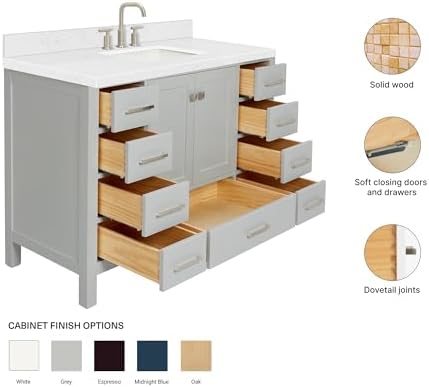 ARIEL Cambridge 48-inch Bathroom Vanity with Sink,Solid Wood, 1.5-inch Carrara White Quartz Countertop, Single Rectangular Porcelain Sink, 2 Soft Closing Doors, 9 Dovetail Drawers, Grey
