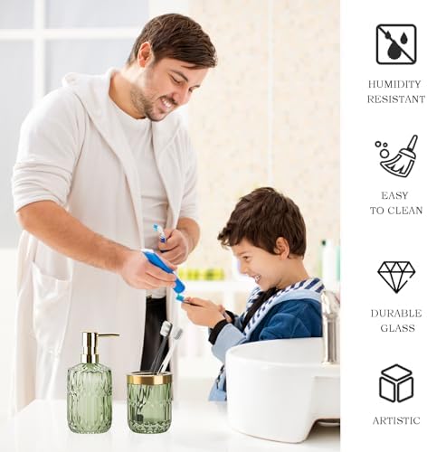 RRM Glass Bathroom Toothbrush Holder and Soap Dispenser Set, Green