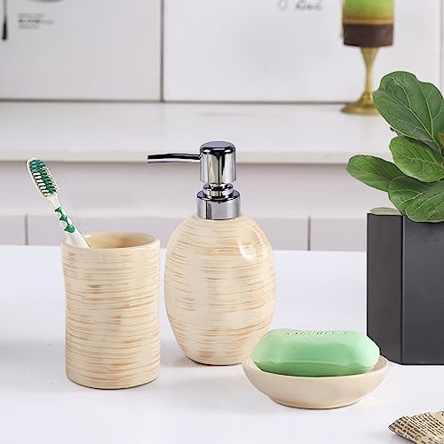 Bathroom Accessory Set of 3, Ceramic Bathroom Accessories Complete -Toothbrush Holders, Soap Dispenser, Soap Dish, Rustic Boho Bathroom Decor, Farmhouse Bathroom Organizer for Countertop