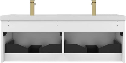 Blossom 60 Inch Double Sink Bathroom Vanity, All Wood Wall Mounted Floating Bathroom Vanity Cabinet with Acrylic Sink, Bathroom Sink Cabinet with Soft-Close Drawers, Modern Vanities, Matte White