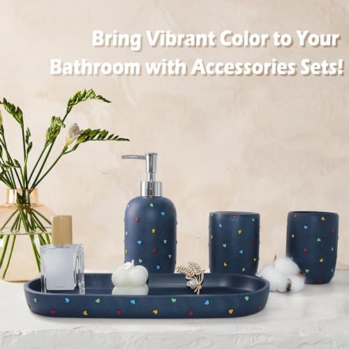YMXYJM - Bathroom Accessories Sets 4-Piece, Premium Pastel Heart Bathroom Accessory Complete Set - Toothbrush Holder, Lotion Soap Dispenser, Vanity Tray, Bathroom Tumbler for Countertop Vanity, Blue