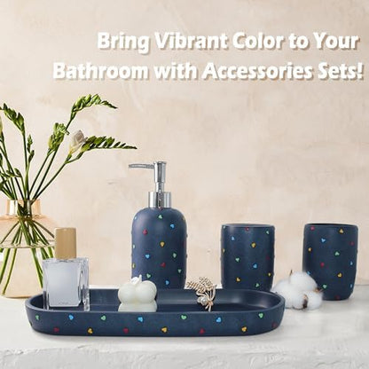YMXYJM - Bathroom Accessories Sets 4-Piece, Premium Pastel Heart Bathroom Accessory Complete Set - Toothbrush Holder, Lotion Soap Dispenser, Vanity Tray, Bathroom Tumbler for Countertop Vanity, Blue