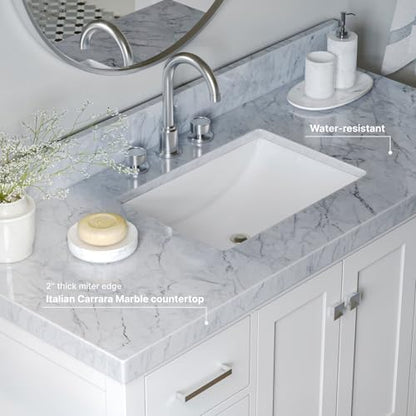ARIEL Cambridge 48-inch Bathroom Vanity with Sink,Solid Wood, 2-inch Italian Carrara Marble Countertop, Single Rectangular Porcelain Sink, 2 Soft Closing Doors, 9 Dovetail Drawers, White