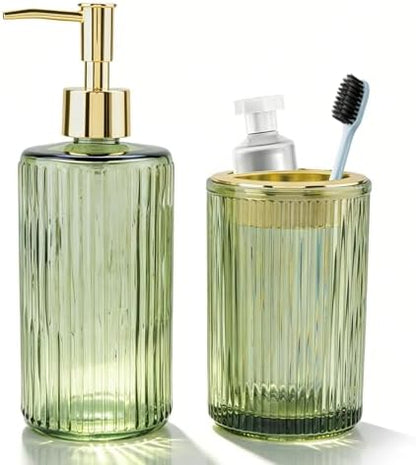 Green Glass Bathroom Accessories Set, Soap Dispenser and Toothbrush Holder