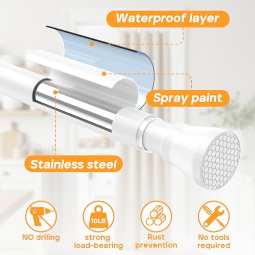 White Tension Curtain Rod for Windows 30 to 64 Inches, Adjustable Expandable Pressure Spring Curtain Rod No Drilling Required, 7/8 Inch Diameter Tension Rod for Bedroom, Doorway, Closet Door