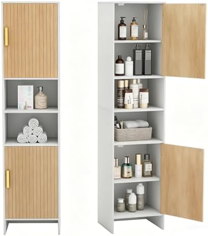 Bathroom Storage Cabinet, Tall Narrow Storage Cabinet with USB Light, White