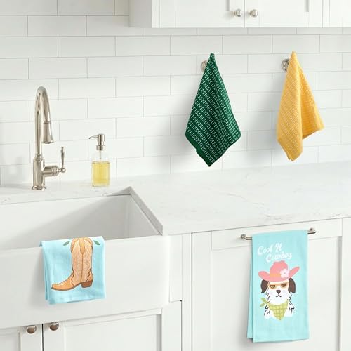 Ritz 4-Piece Kitchen Towel Set, Cool It Cowboy Dog & Daisy Boot Prints with Pine Green & Yellow Textured Terry, 100% Cotton & Absorbent Blend, 16" x 26", Western Boho Coastal Cowgirl Kitchen Decor
