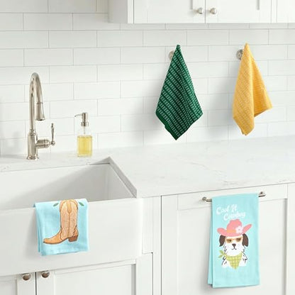 Ritz 4-Piece Kitchen Towel Set, Cool It Cowboy Dog & Daisy Boot Prints with Pine Green & Yellow Textured Terry, 100% Cotton & Absorbent Blend, 16" x 26", Western Boho Coastal Cowgirl Kitchen Decor
