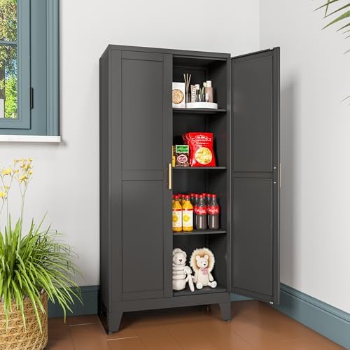 winiowa Metal Pantry Cabinet with 2 Doors and Adjustable Shelves, Kitchen Storage cabinets with Gold Handles, Versatile Storage for Laundry Room,Living Room,Bathroom,Dinning Room-Black