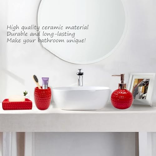 Bathroom Accessories Set,4 Pcs Red Ceramic Bathroom Accessory Set Complete with Toothbrush Holder,Tumbler,Lotion Dispenser, Soap Dish Perfect for Bathroom Theme Gift