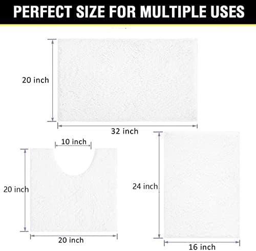 White Bathroom Rugs Chenille 3-Piece Extra Soft and Absorbent Shag White Bath Mat, Machine Wash Mat, Strong PVC Non-Slip Underside, Plush Carpet Mats