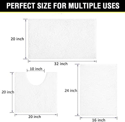 White Bathroom Rugs Chenille 3-Piece Extra Soft and Absorbent Shag White Bath Mat, Machine Wash Mat, Strong PVC Non-Slip Underside, Plush Carpet Mats