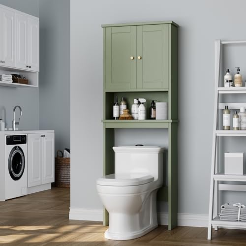 Over the Toilet Storage Cabinet for Bathroom, Storage Organizer Over Toilet, Space Saver with Tempered Glass Doors, Green