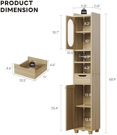 LIKIMIO 69" Tall Bathroom Cabinet with Drawer and Tissue Holder