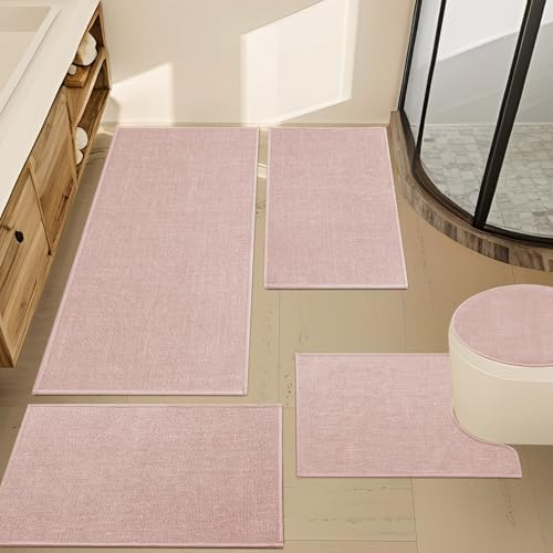 YIHOUSE Bathroom Rugs Thin Bath Mat Sets 5 Pieces Quick Dry,Pink