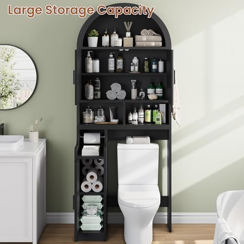 Itaar Arched Over The Toilet Storage Cabinet, 78.7" H Fluted Bathroom Organizer with Reversible Side Cabinet, Adjustable Shelves, Anti-Tipping, Hooks & Paper Holder for Bathroom Laundry Room, Black