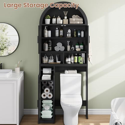 Itaar Arched Over The Toilet Storage Cabinet, 78.7" H Fluted Bathroom Organizer with Reversible Side Cabinet, Adjustable Shelves, Anti-Tipping, Hooks & Paper Holder for Bathroom Laundry Room, Black