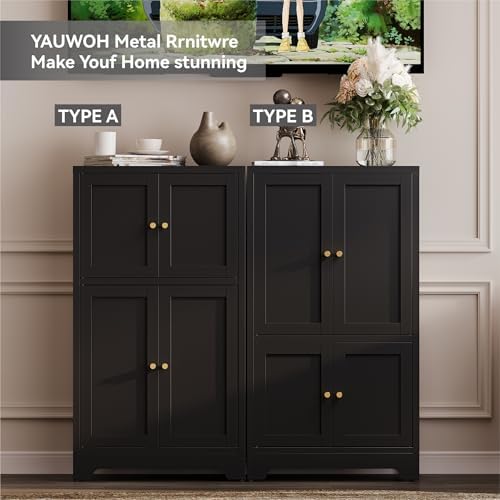 YAUWOH Bathroom Floor Cabinet, Metal Storage Cabinet with 2 Adjustable Shelves & 4 Doors,Freestanding Sideboard for Dining Room,Living Room, Home Office(1PC,Black)