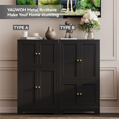 YAUWOH Bathroom Floor Cabinet, Metal Storage Cabinet with 2 Adjustable Shelves & 4 Doors,Freestanding Sideboard for Dining Room,Living Room, Home Office(1PC,Black)