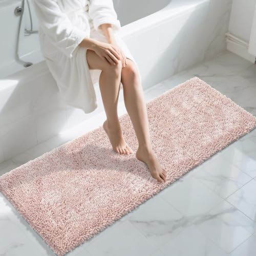 Yimobra Long Bathroom Rugs Runner 60x24 Inch, Extra Thick Soft Absorbent Chenille Bath Mat, Non Slip Machine Washable, Quick Dry Bath Rugs for Bathroom Floor, Tub and Shower, Pink