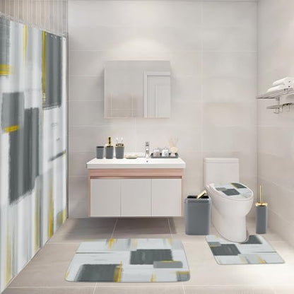XLHOMO Bathroom Set - Grey and Gold Bathroom Accessories Set, Bathroom Sets with Shower Curtain and Rugs, Grey Shower Curtain Set with Bathroom Trash Can, Soap Dispenser, Soap Dish for Home Decor