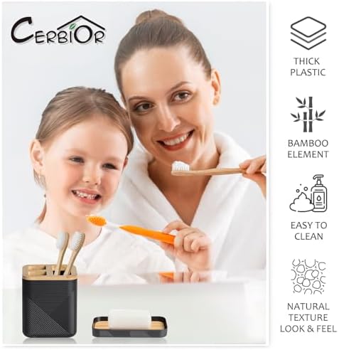 CERBIOR Bamboo Bathroom Accessories Set 6 Piece Square Spiral Set,Black