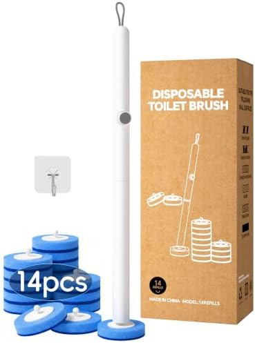 Disposable Toilet Brush Wand System, Toilet Bowl Cleaning Wand Kit with Disposable Refill Heads and Press Button Handle, for Daily Bathroom Cleaning 1 Wand and 14 Refill Heads