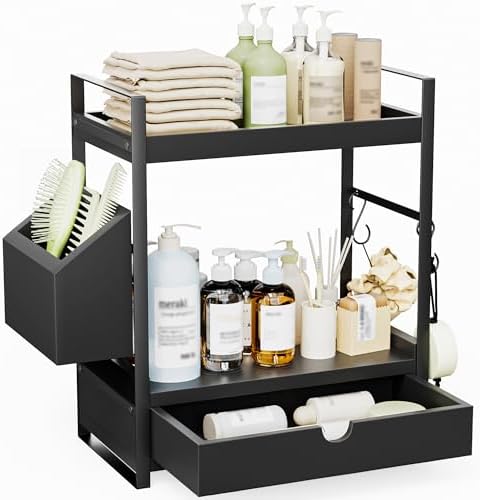 2-Tier Bathroom Counter Organizer, Wooden Vanity Shelf with Drawer & Basket