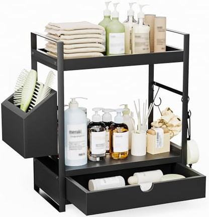 2-Tier Bathroom Counter Organizer, Wooden Vanity Shelf with Drawer & Basket