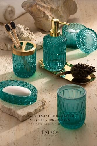EMPO 6PCS Bathroom Clear Glass Accessories Set (Lotion Soap Dispenser, Soap Dish, Toothbrush Holder, Tumbler, Cotton Swab Jar), Contemporary Modern Decor Crystal Vintage Gift (6pcs Ocean Teal Blue)