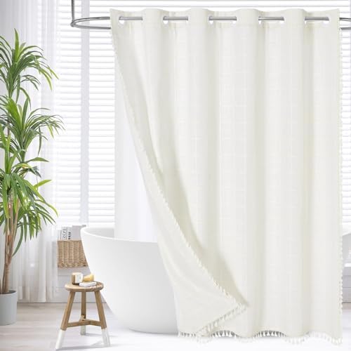 MitoVilla No Hooks Needed Boho Farmhouse Shower Curtain with Snap-in Liner, Cotton Linen Fabric Shower Curtains with Tassels for Rustic Neutral Bathroom Decor, Ivory, 72 x 74