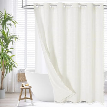 MitoVilla No Hooks Needed Boho Farmhouse Shower Curtain with Snap-in Liner, Cotton Linen Fabric Shower Curtains with Tassels for Rustic Neutral Bathroom Decor, Ivory, 72 x 74