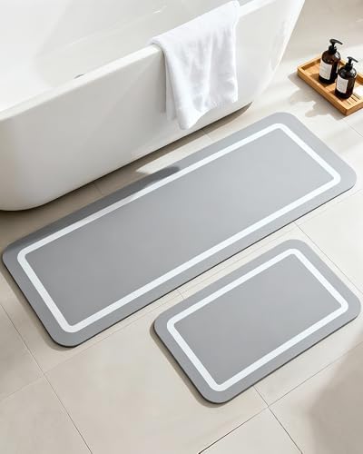 Soft Diatomaceous Earth Bath Mat, Quick Dry Bathroom Mats 2 Piece, Gray Super Absorbent Bath Mat Set, Washable Non Slip Bathroom Rugs, Stone Bath Mats Alternative, 15.74" x 23.62" Plus 15.74" x 47.2"